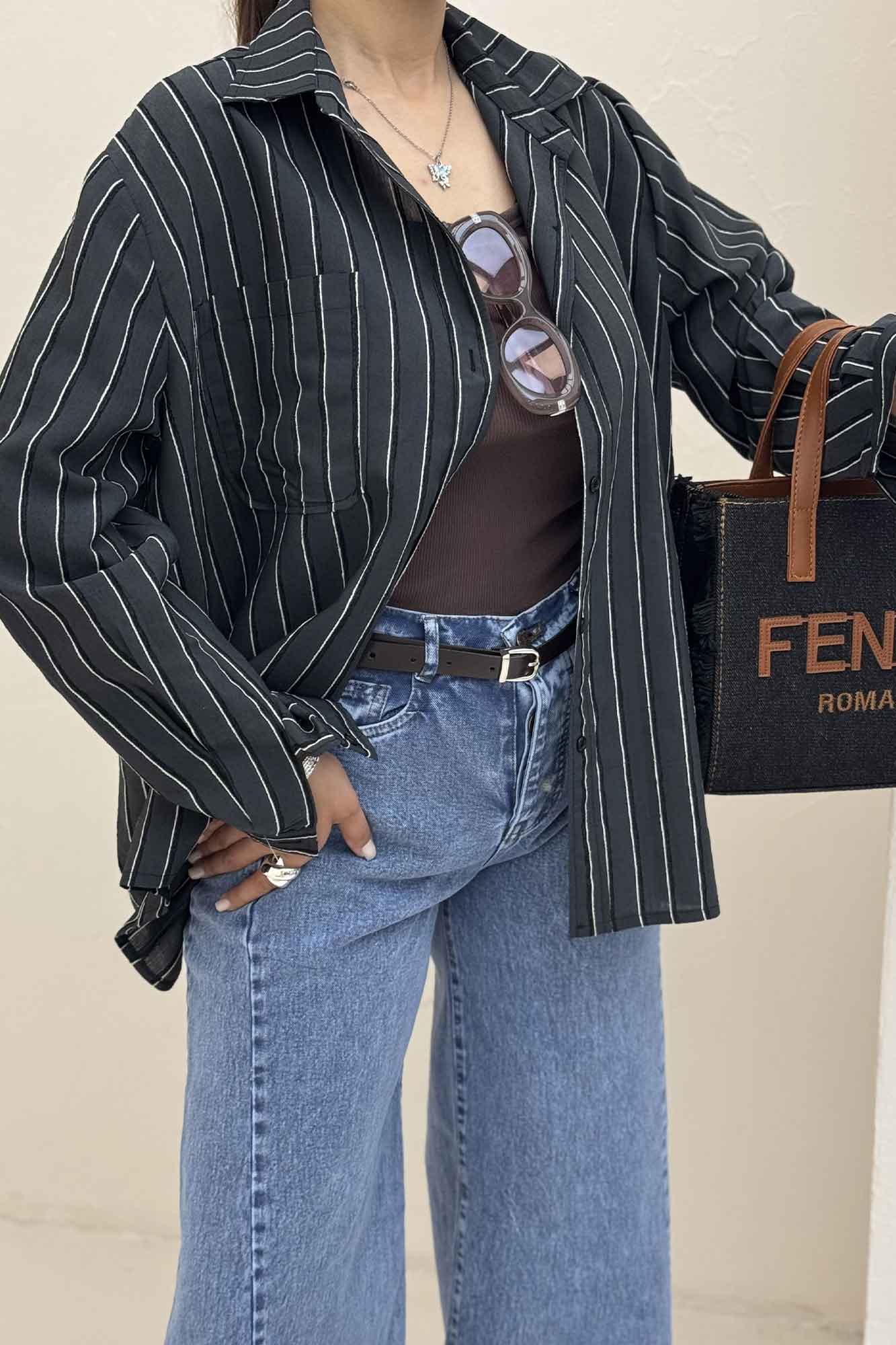 شومیز مانتویی راه راه ژاکارد تک جیب