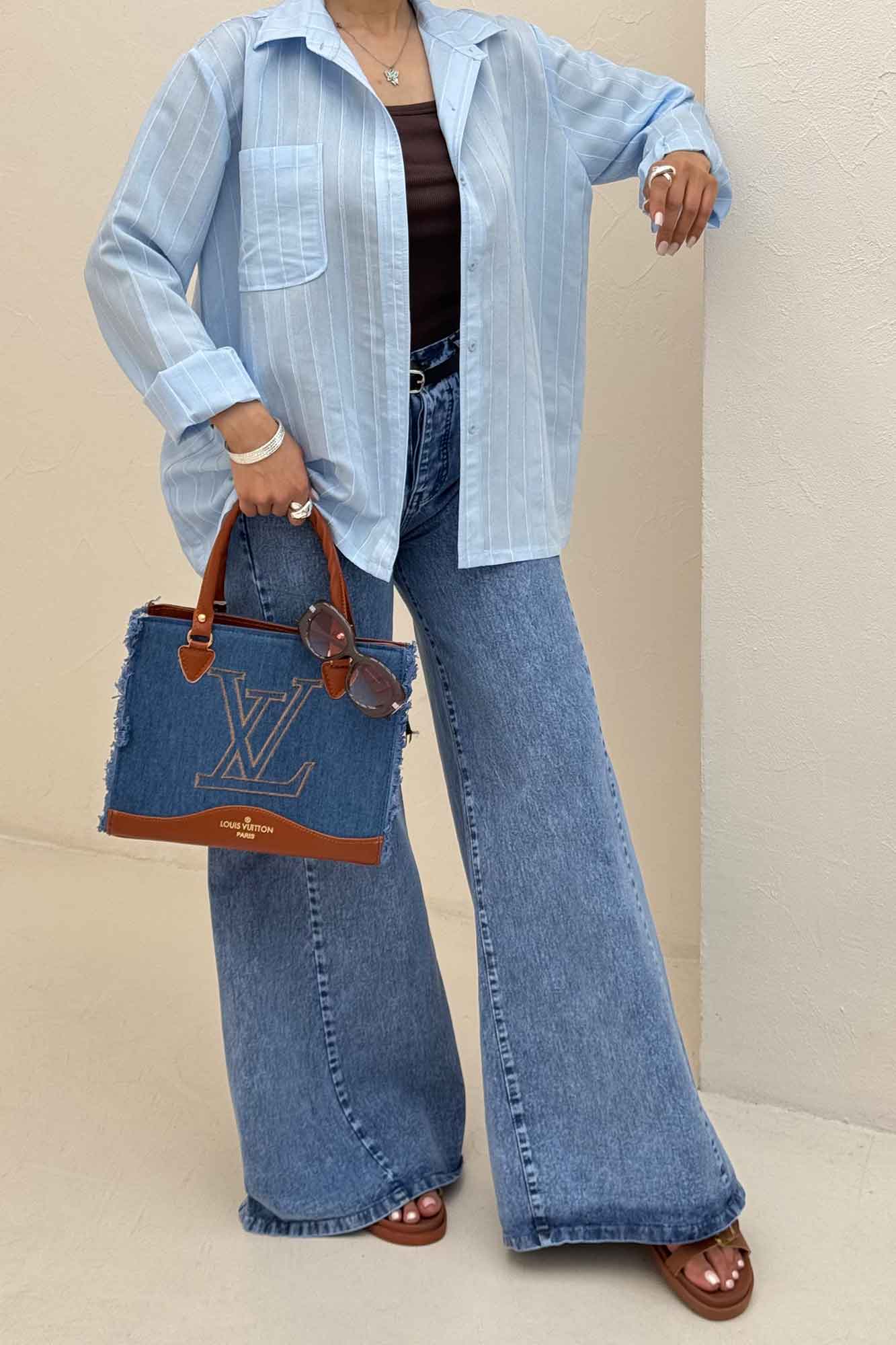 شومیز مانتویی راه راه ژاکارد تک جیب