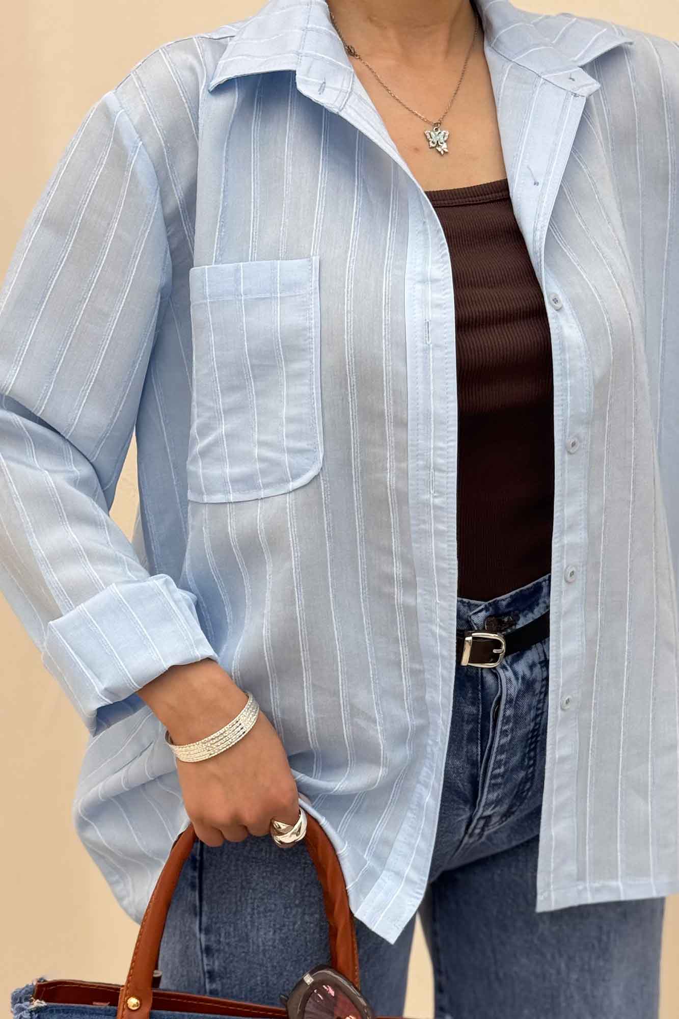 شومیز مانتویی راه راه ژاکارد تک جیب