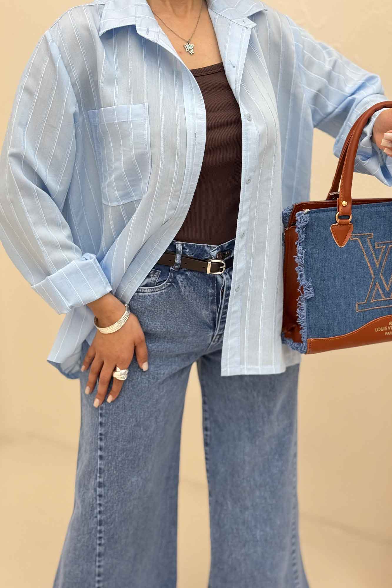 شومیز مانتویی راه راه ژاکارد تک جیب