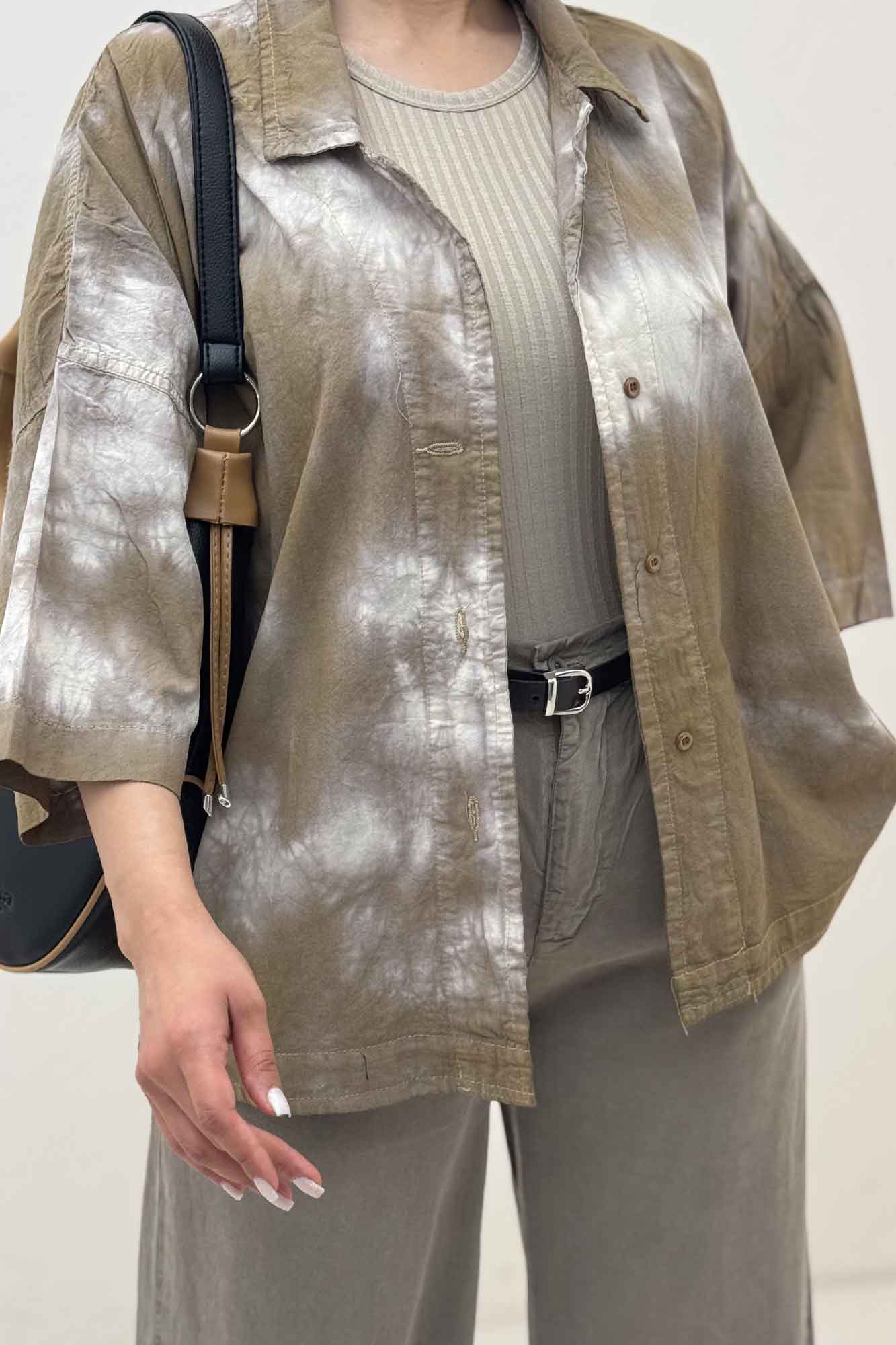 مانتو لینن آستین سه رب یقه شکاری (آبرنگی)TR