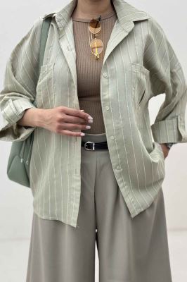 شومیز مانتویی راه راه ژاکارد پاگن دار