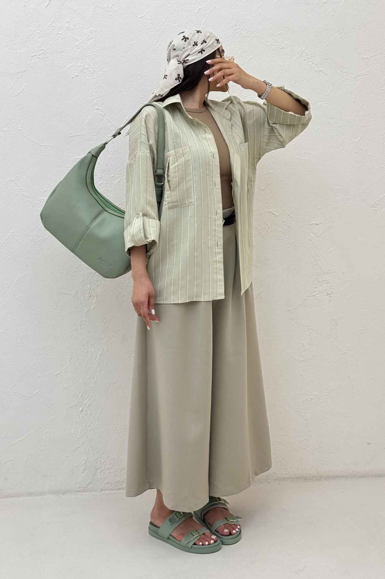 شومیز مانتویی راه راه ژاکارد پاگن دار