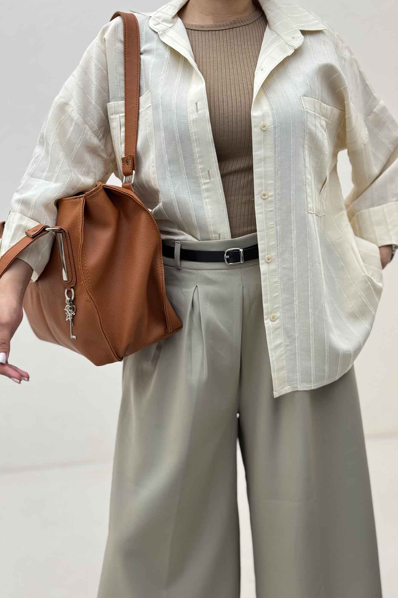 شومیز مانتویی راه راه ژاکارد پاگن دار