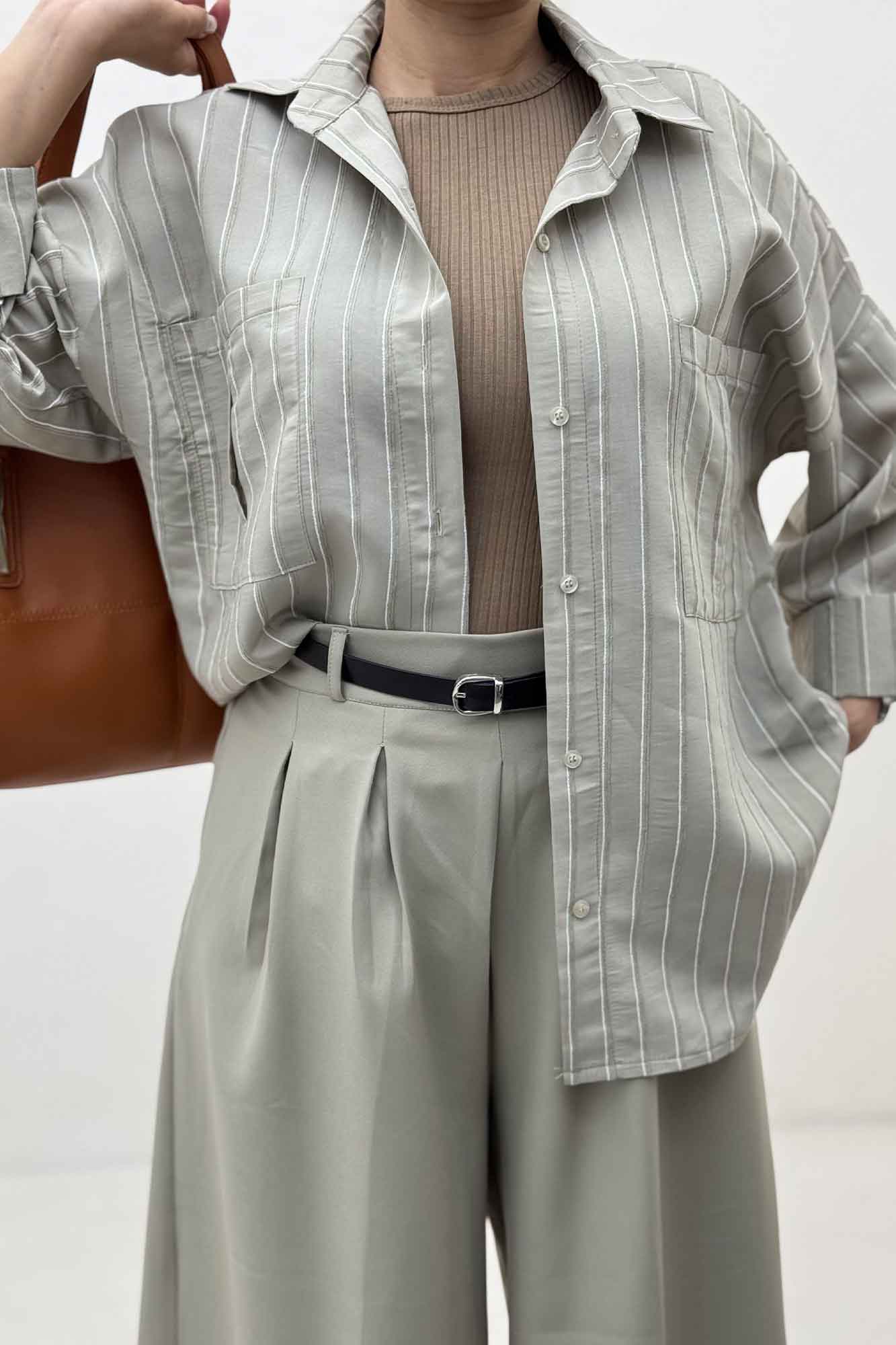 شومیز مانتویی راه راه ژاکارد پاگن دار