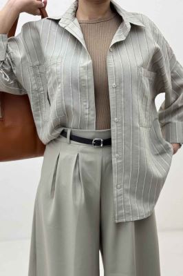 شومیز مانتویی راه راه ژاکارد پاگن دار