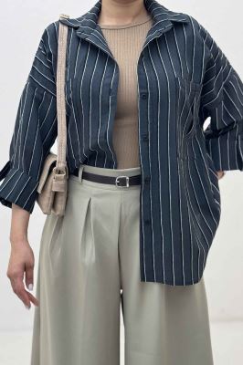 شومیز مانتویی راه راه ژاکارد پاگن دار