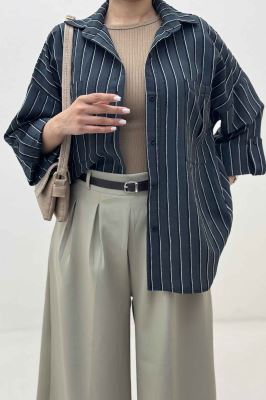 شومیز مانتویی راه راه ژاکارد پاگن دار