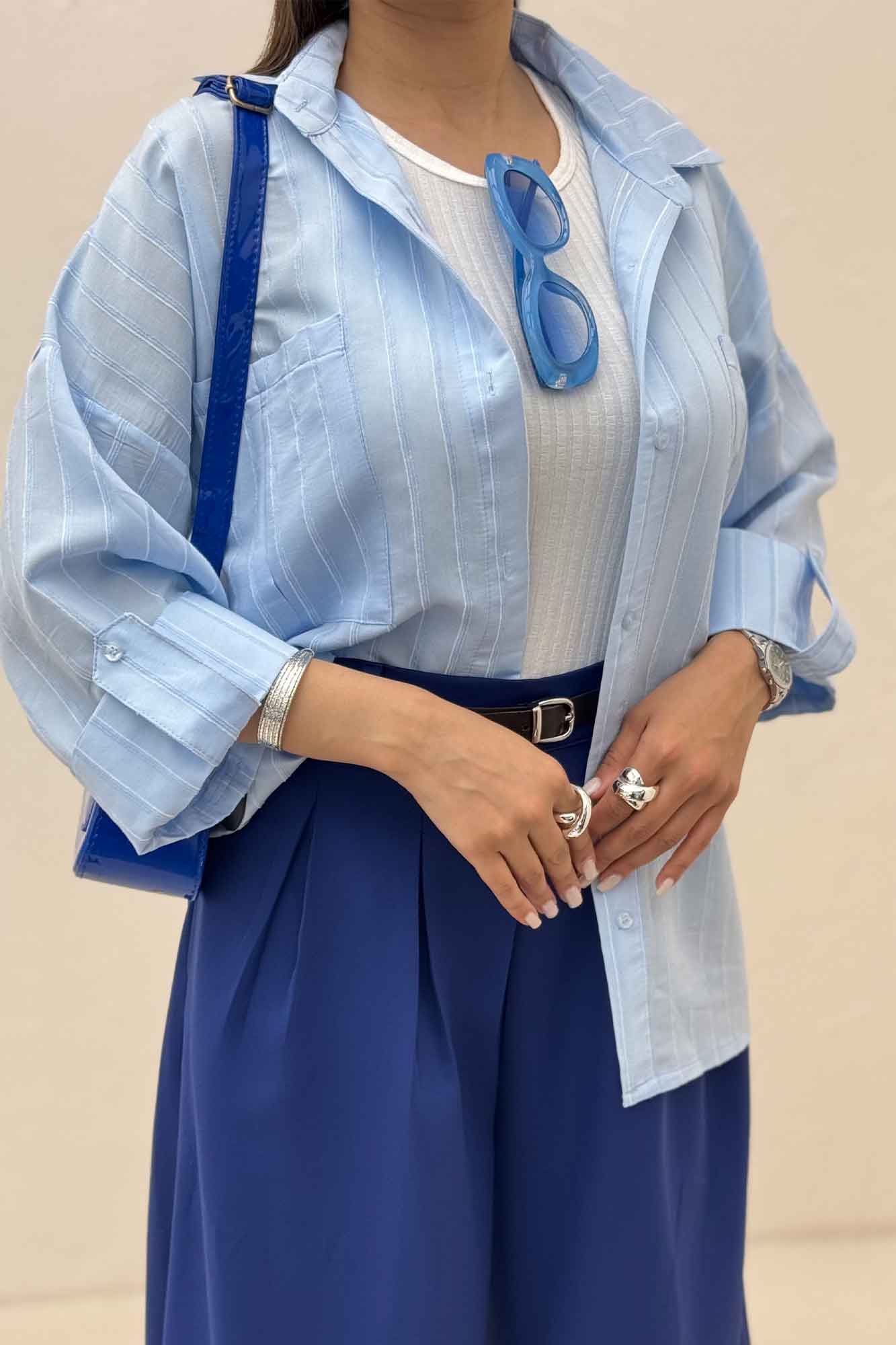 شومیز مانتویی راه راه ژاکارد پاگن دار