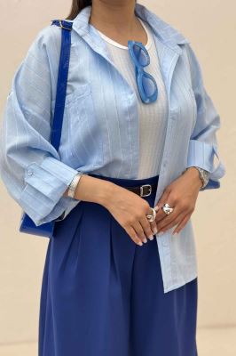 شومیز مانتویی راه راه ژاکارد پاگن دار