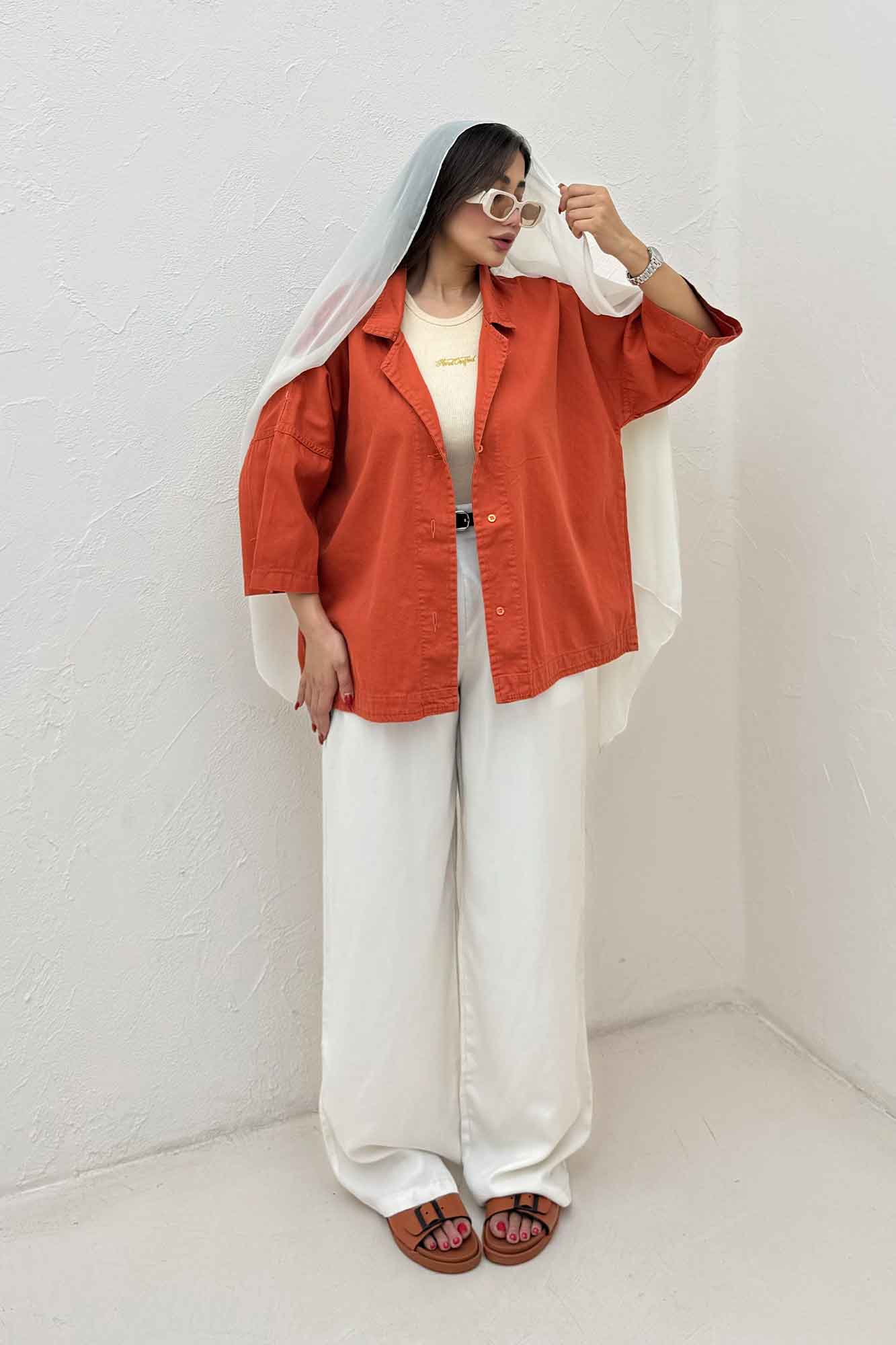 مانتو کتان آستین سه رب یقه شکاری TR