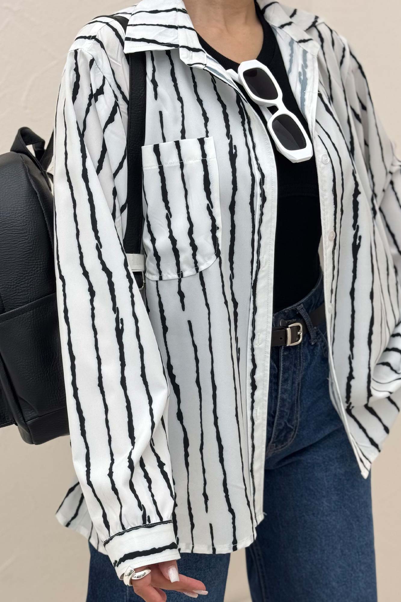 شومیز مانتویی پری راه راه تک جیب