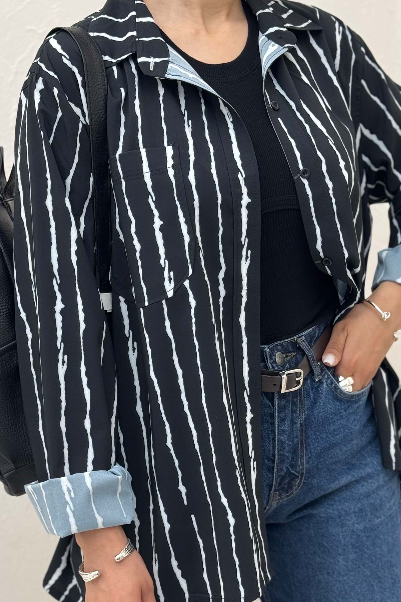 شومیز مانتویی پری راه راه تک جیب