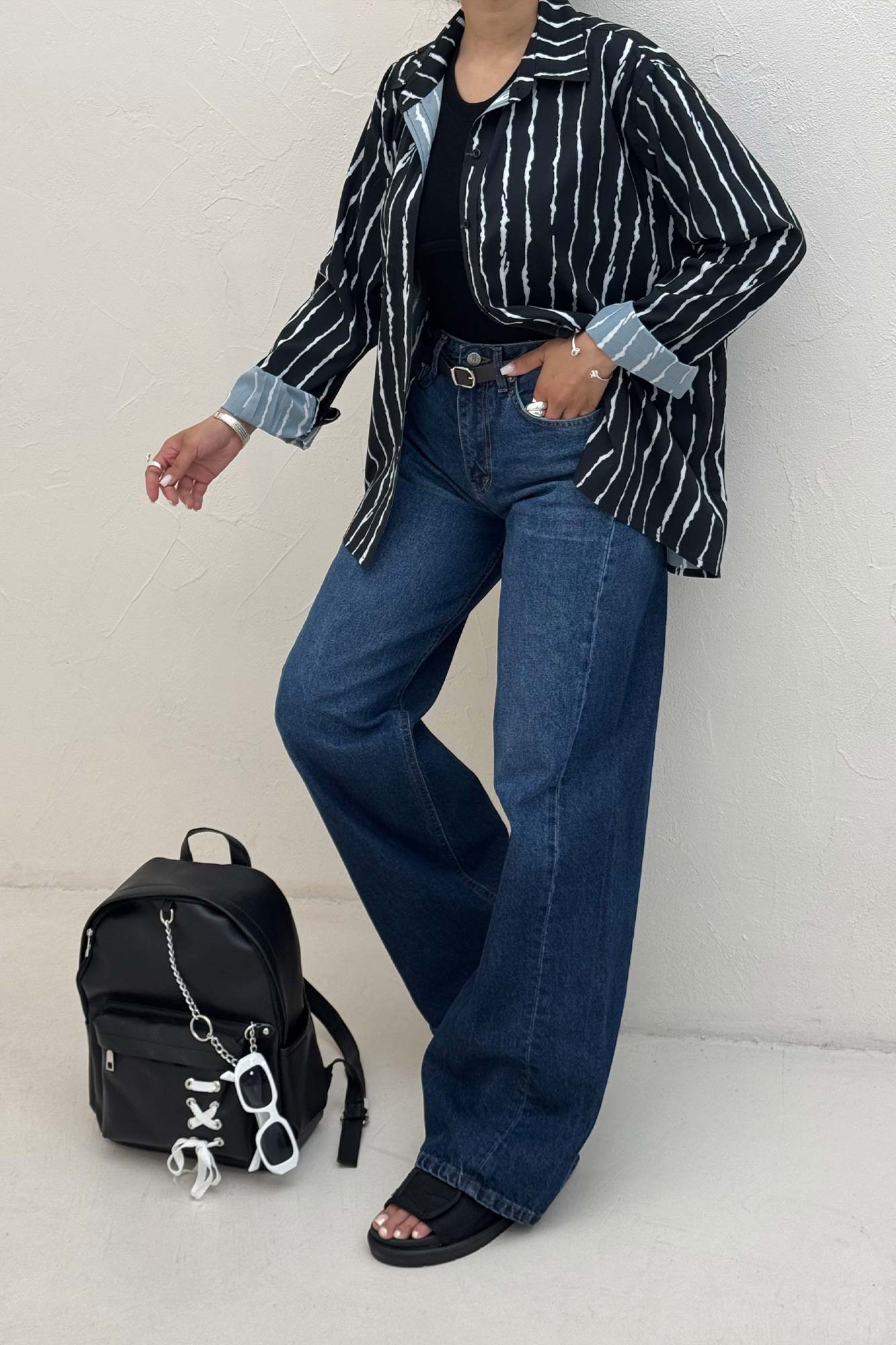 شومیز مانتویی پری راه راه تک جیب