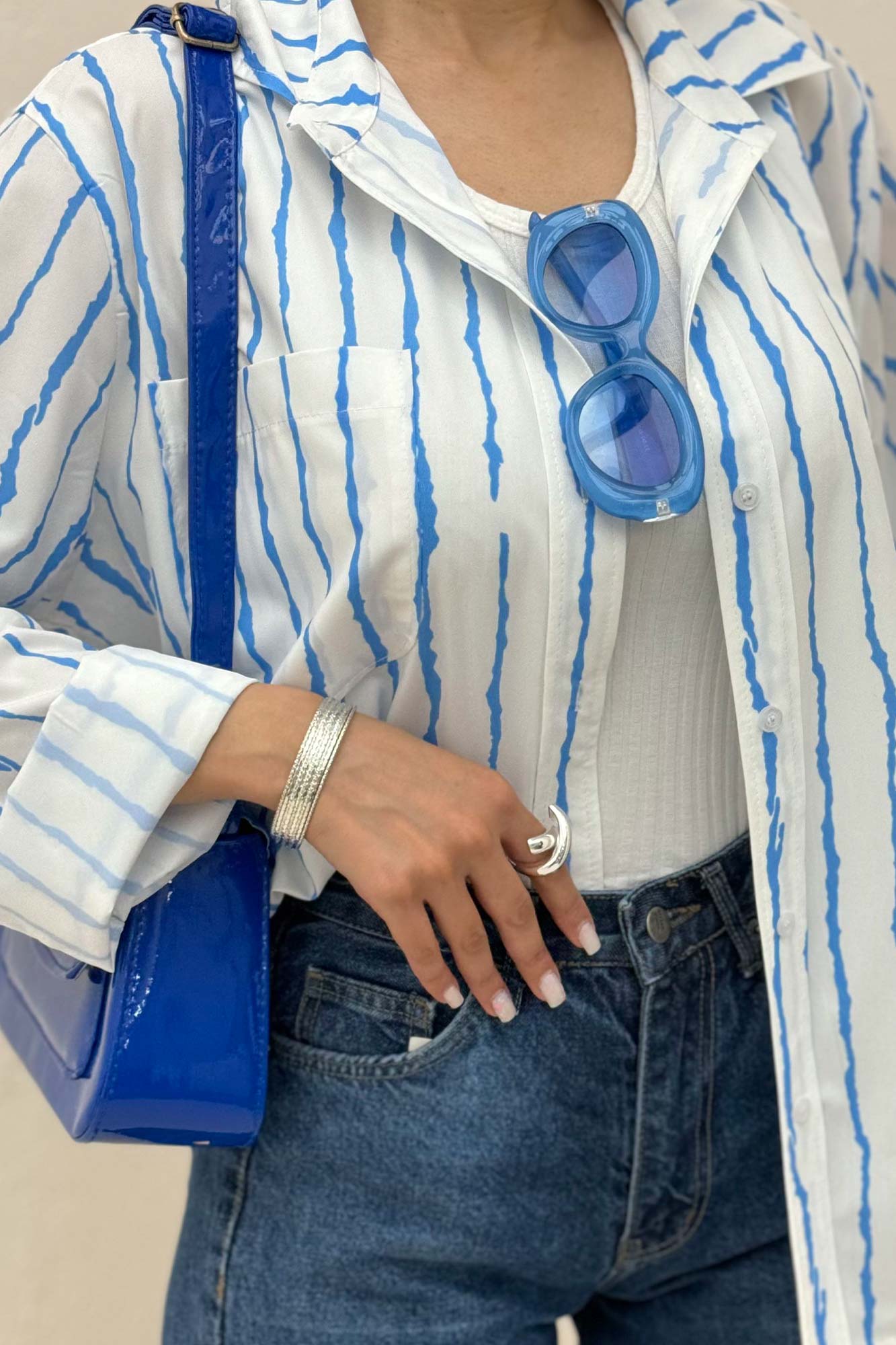 شومیز مانتویی پری راه راه تک جیب