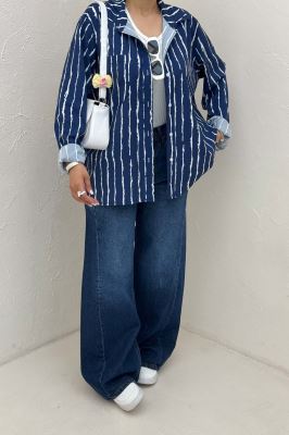 شومیز مانتویی پری راه راه تک جیب