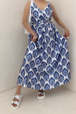 پیراهن ساحلی ساتن حریر طرح نقش آبی