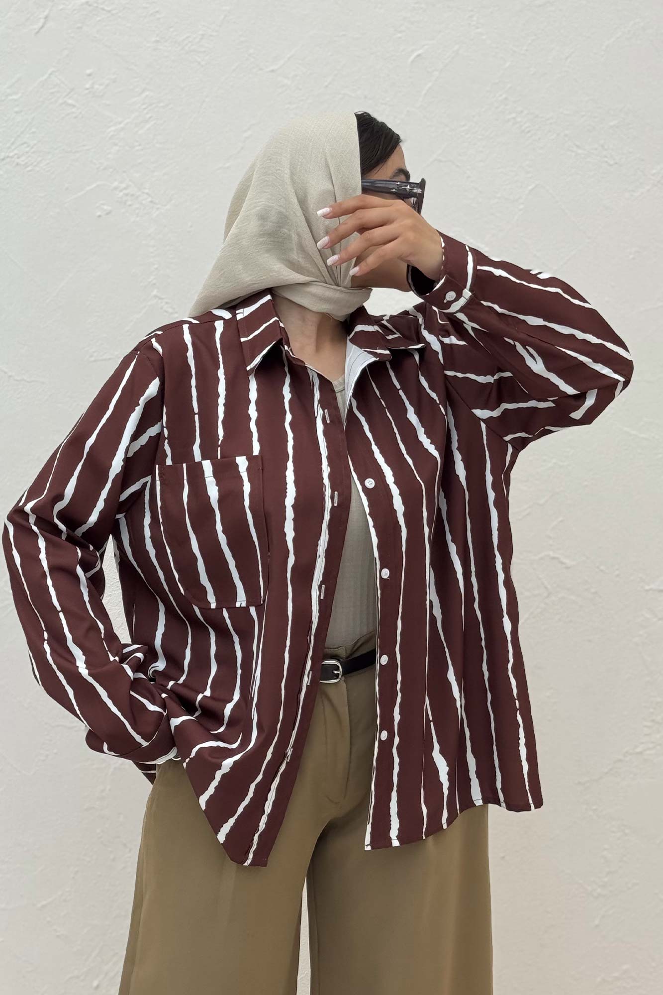 شومیز مانتویی پری راه راه تک جیب