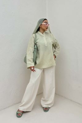 بلوز یقه بلیطی ژاکارد راه راه تک جیب