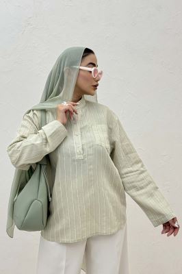 بلوز یقه بلیطی ژاکارد راه راه تک جیب