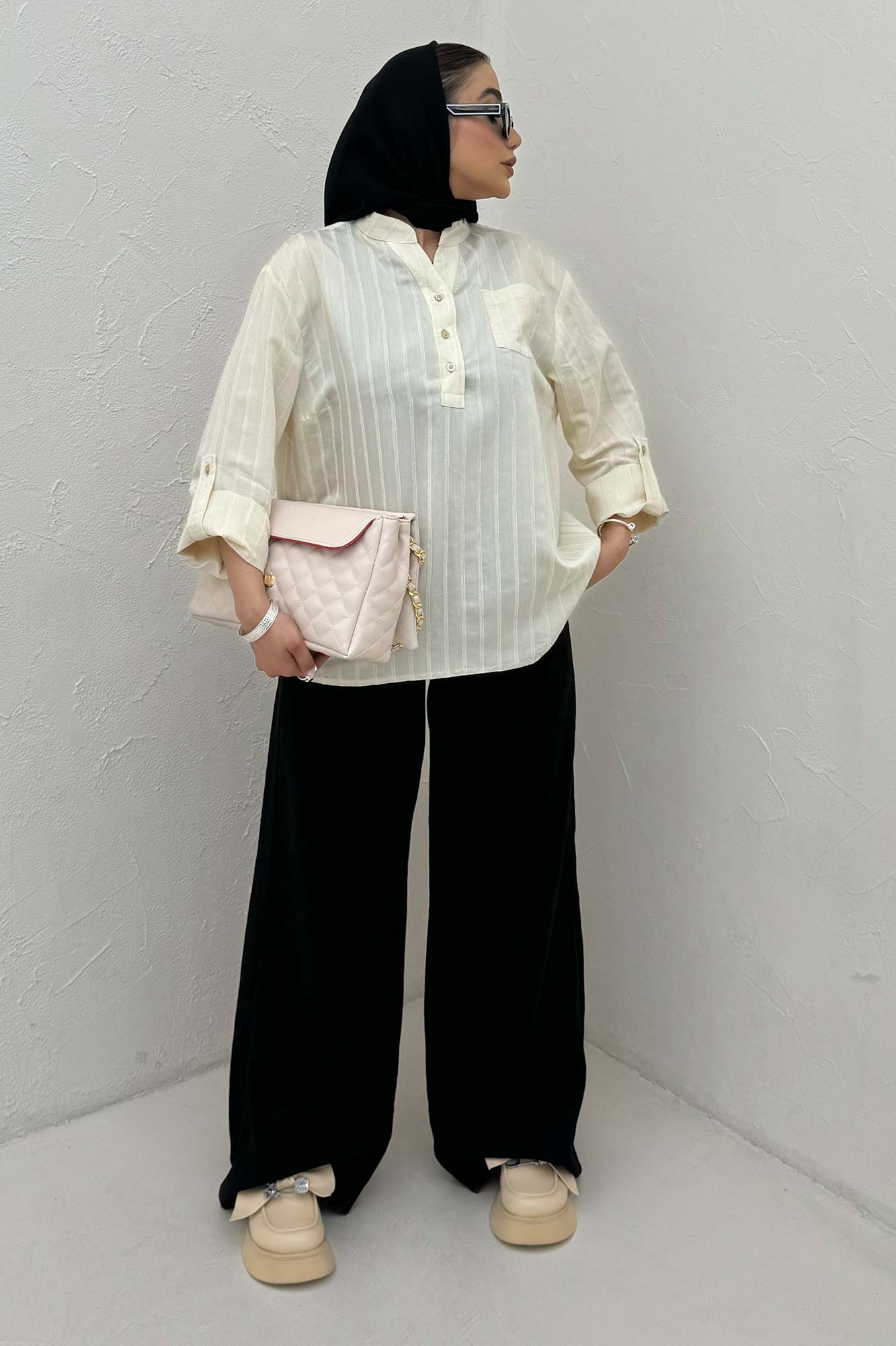 بلوز یقه بلیطی ژاکارد راه راه تک جیب