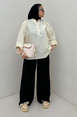 بلوز یقه بلیطی ژاکارد راه راه تک جیب