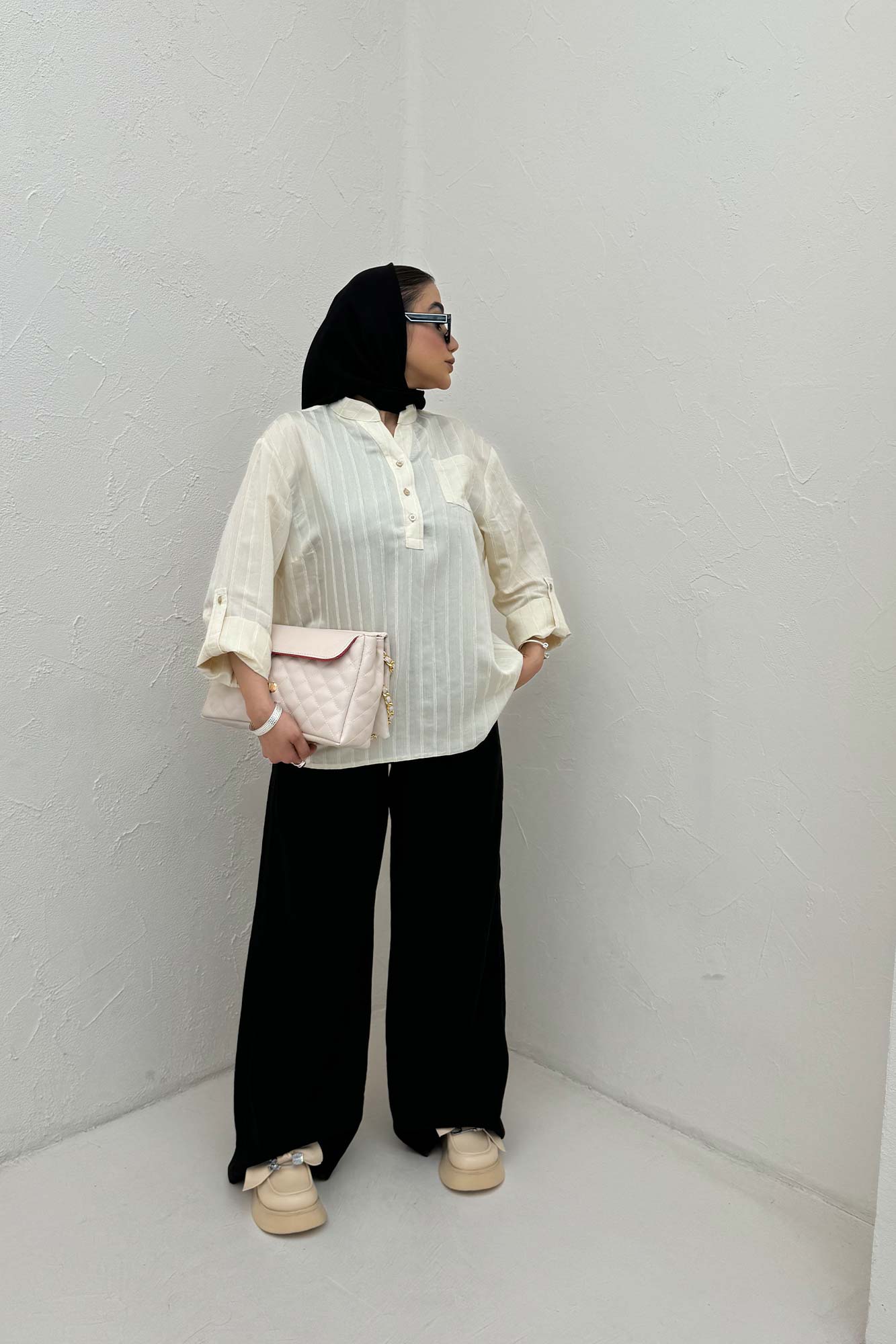 بلوز یقه بلیطی ژاکارد راه راه تک جیب