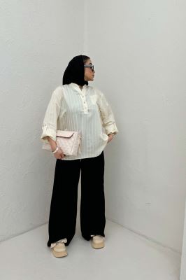 بلوز یقه بلیطی ژاکارد راه راه تک جیب