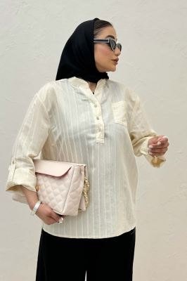 بلوز یقه بلیطی ژاکارد راه راه تک جیب