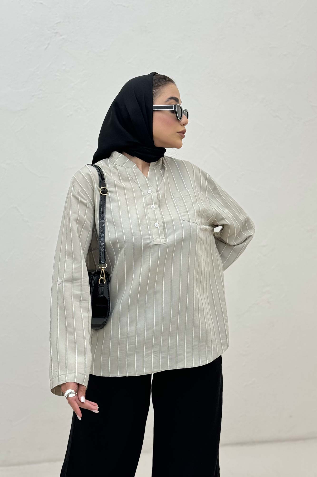 بلوز یقه بلیطی ژاکارد راه راه تک جیب