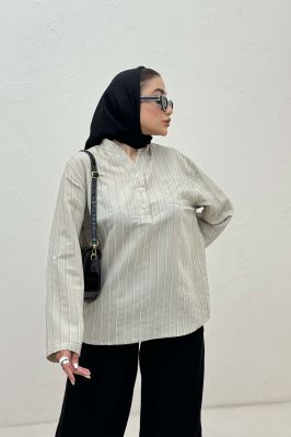 بلوز یقه بلیطی ژاکارد راه راه تک جیب