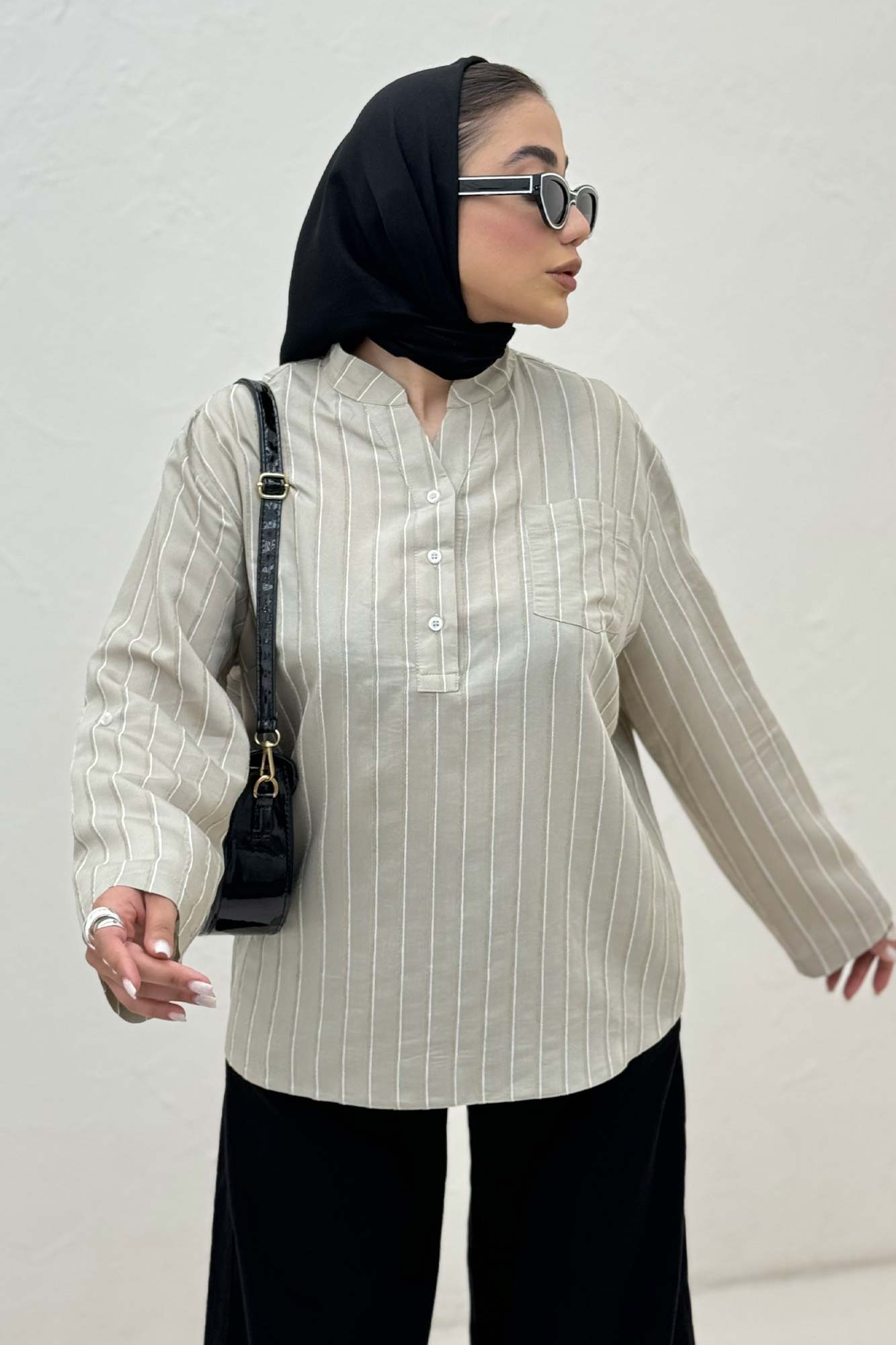 بلوز یقه بلیطی ژاکارد راه راه تک جیب