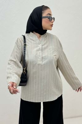 بلوز یقه بلیطی ژاکارد راه راه تک جیب