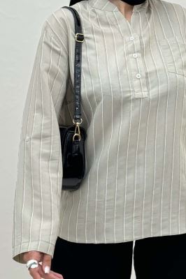 بلوز یقه بلیطی ژاکارد راه راه تک جیب