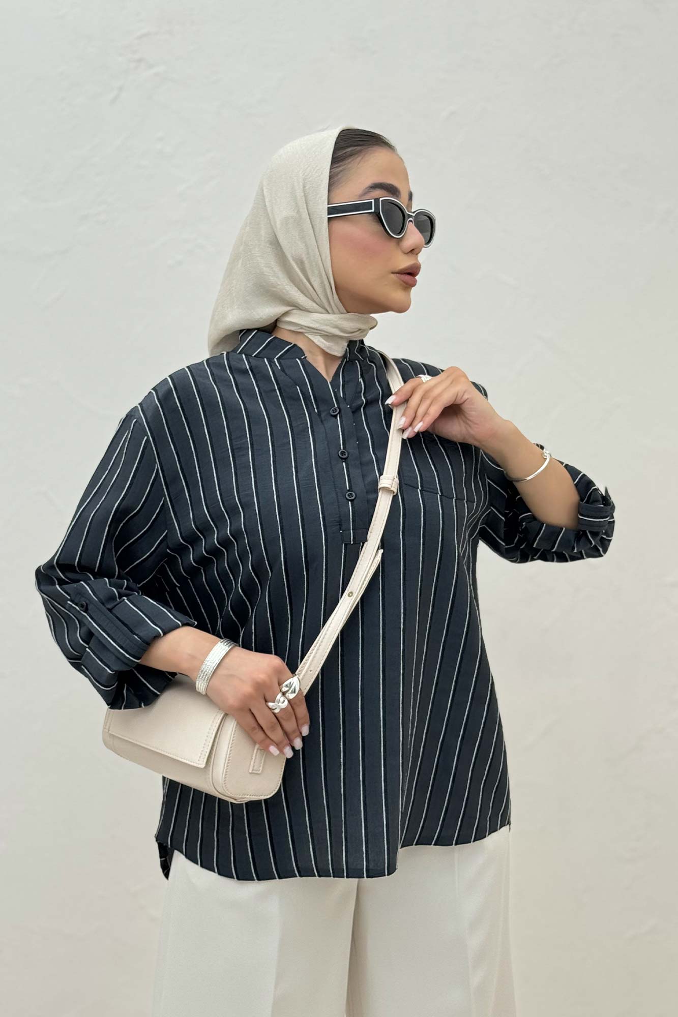 بلوز یقه بلیطی ژاکارد راه راه تک جیب