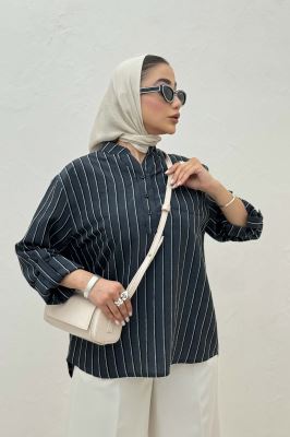 بلوز یقه بلیطی ژاکارد راه راه تک جیب