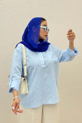 بلوز یقه بلیطی ژاکارد راه راه تک جیب