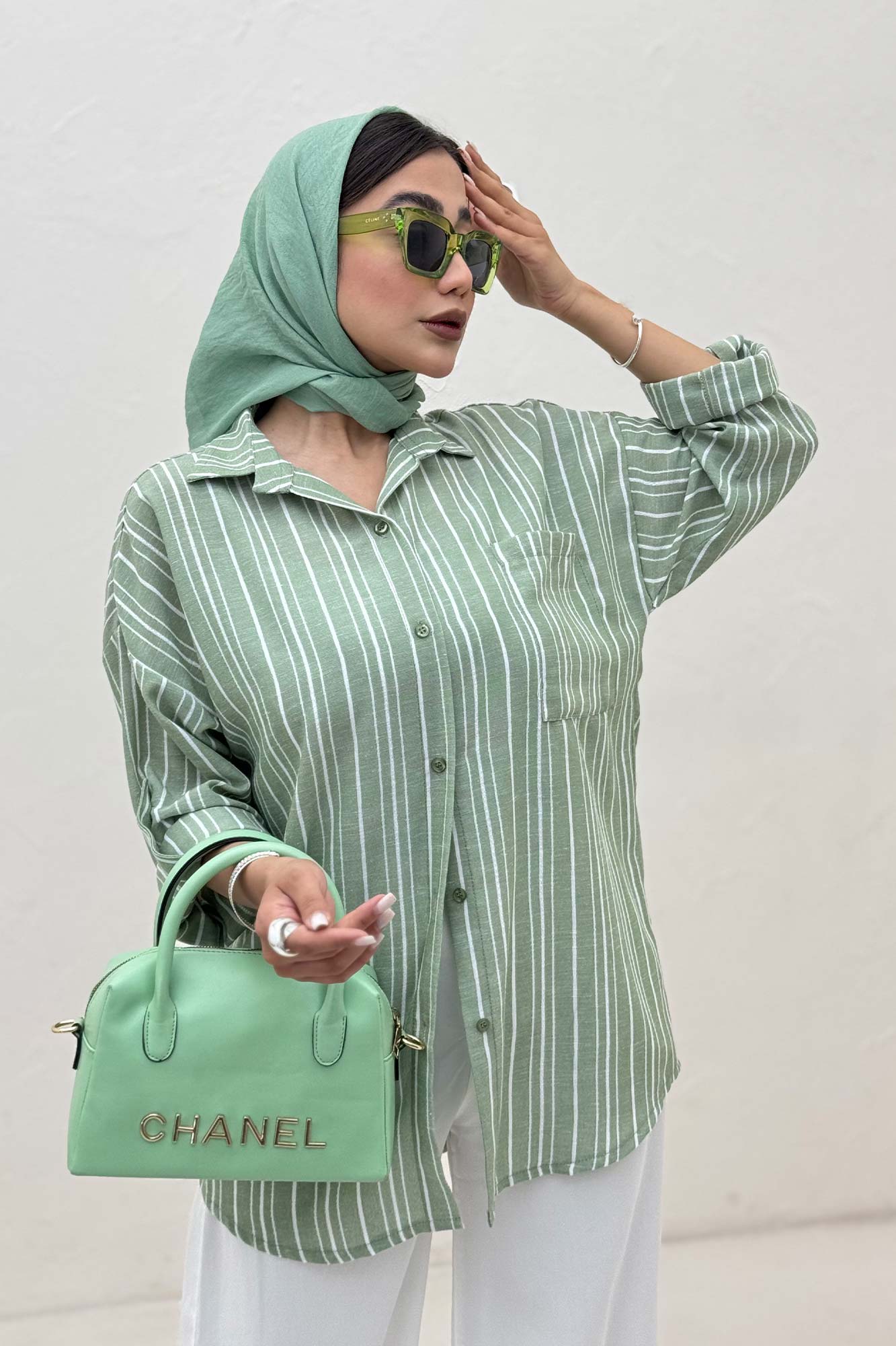 شومیز مانتویی لینن راه راه پاگن دار