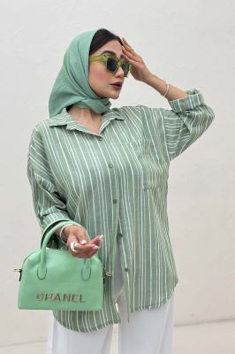 شومیز مانتویی لینن راه راه پاگن دار