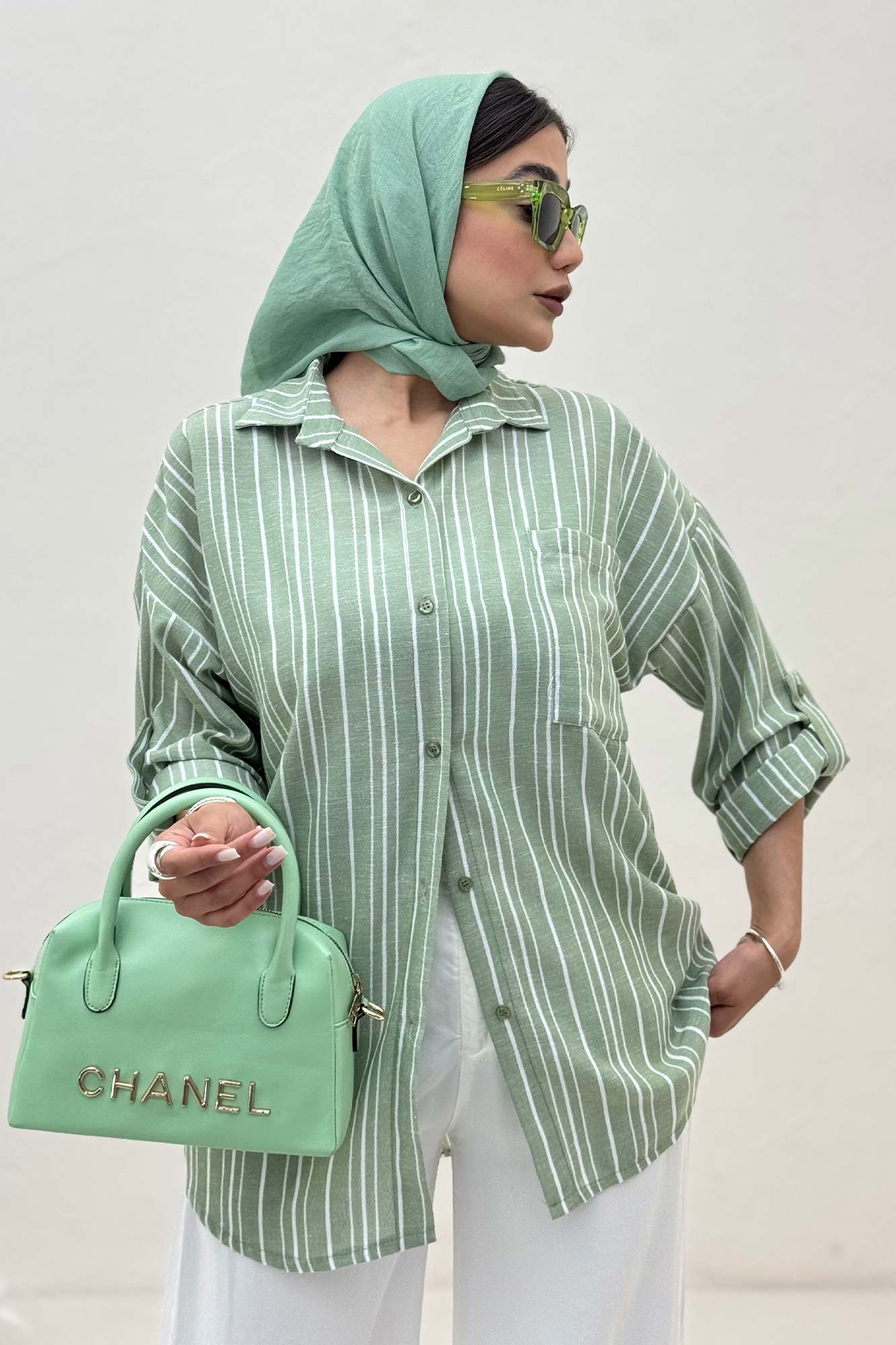 شومیز مانتویی لینن راه راه پاگن دار