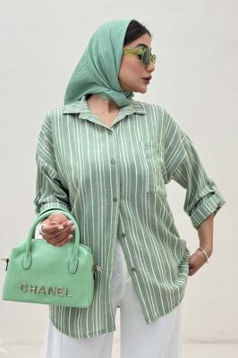 شومیز مانتویی لینن راه راه پاگن دار