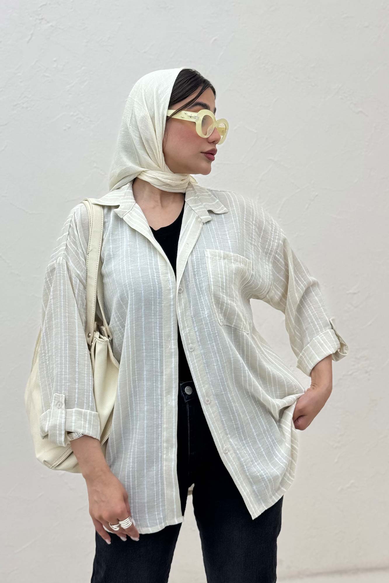 شومیز مانتویی لینن راه راه پاگن دار