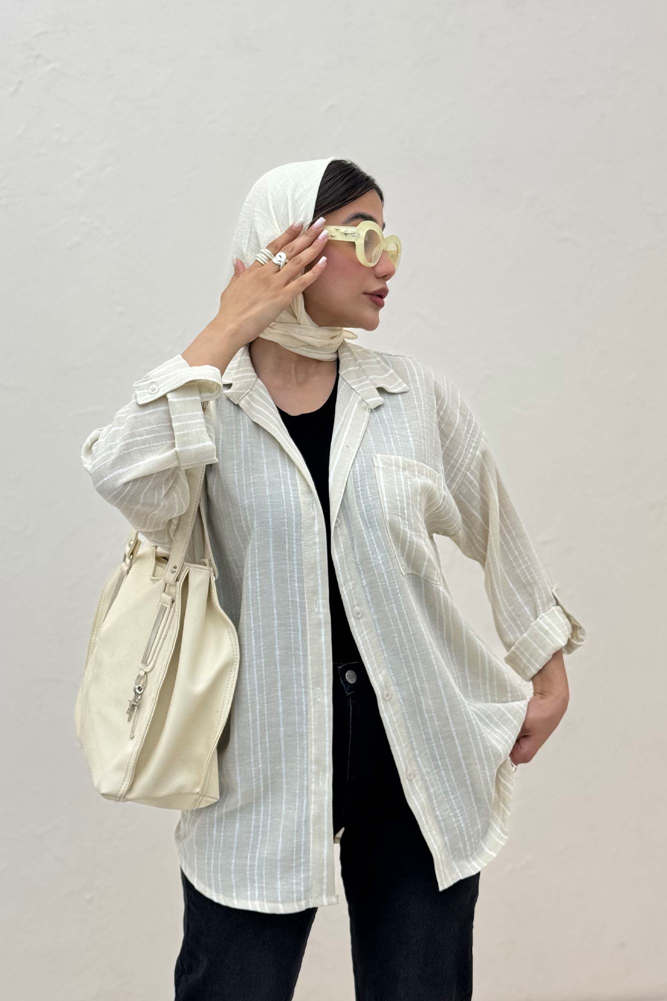 شومیز مانتویی لینن راه راه پاگن دار