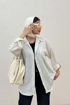 شومیز مانتویی لینن راه راه پاگن دار