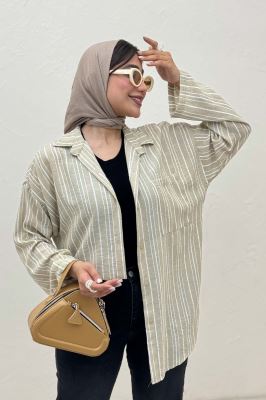 شومیز مانتویی لینن راه راه پاگن دار