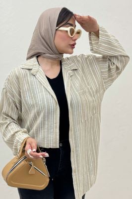 شومیز مانتویی لینن راه راه پاگن دار