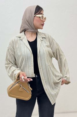 شومیز مانتویی لینن راه راه پاگن دار