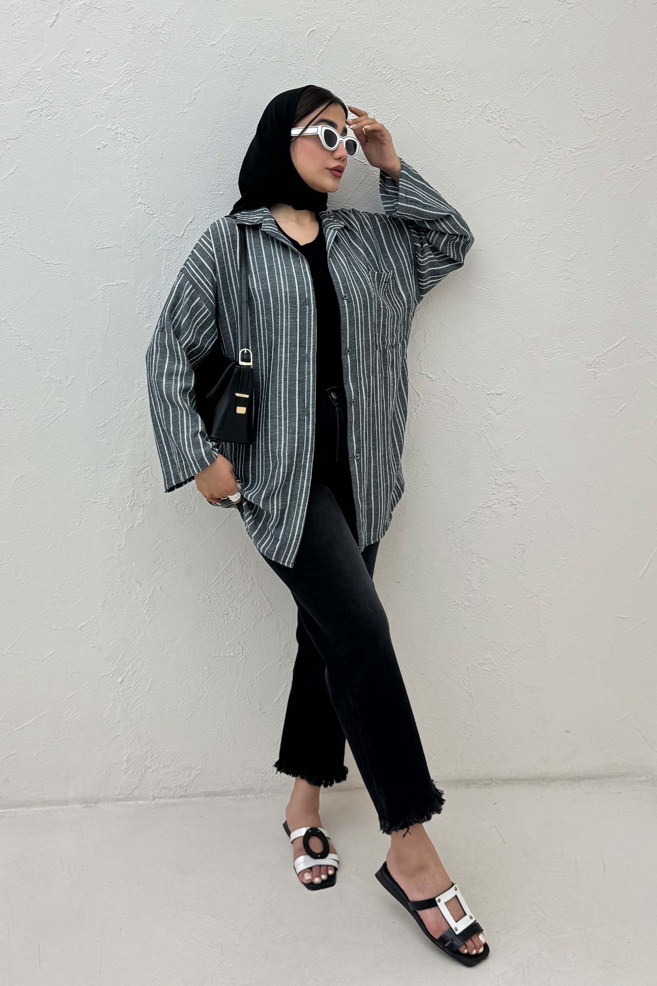 شومیز مانتویی لینن راه راه پاگن دار