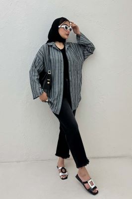 شومیز مانتویی لینن راه راه پاگن دار