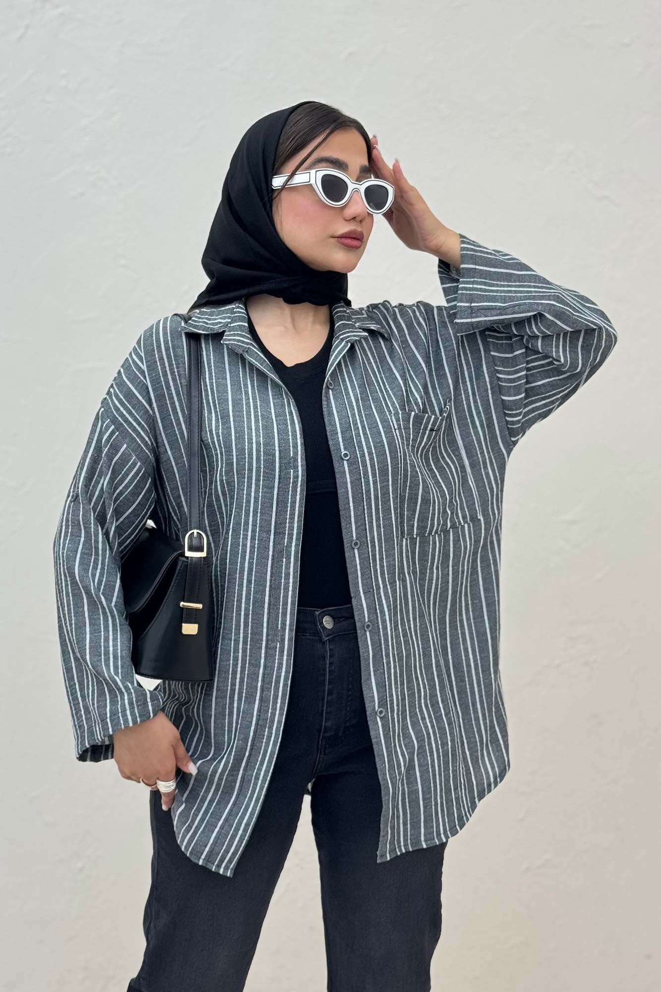 شومیز مانتویی لینن راه راه پاگن دار